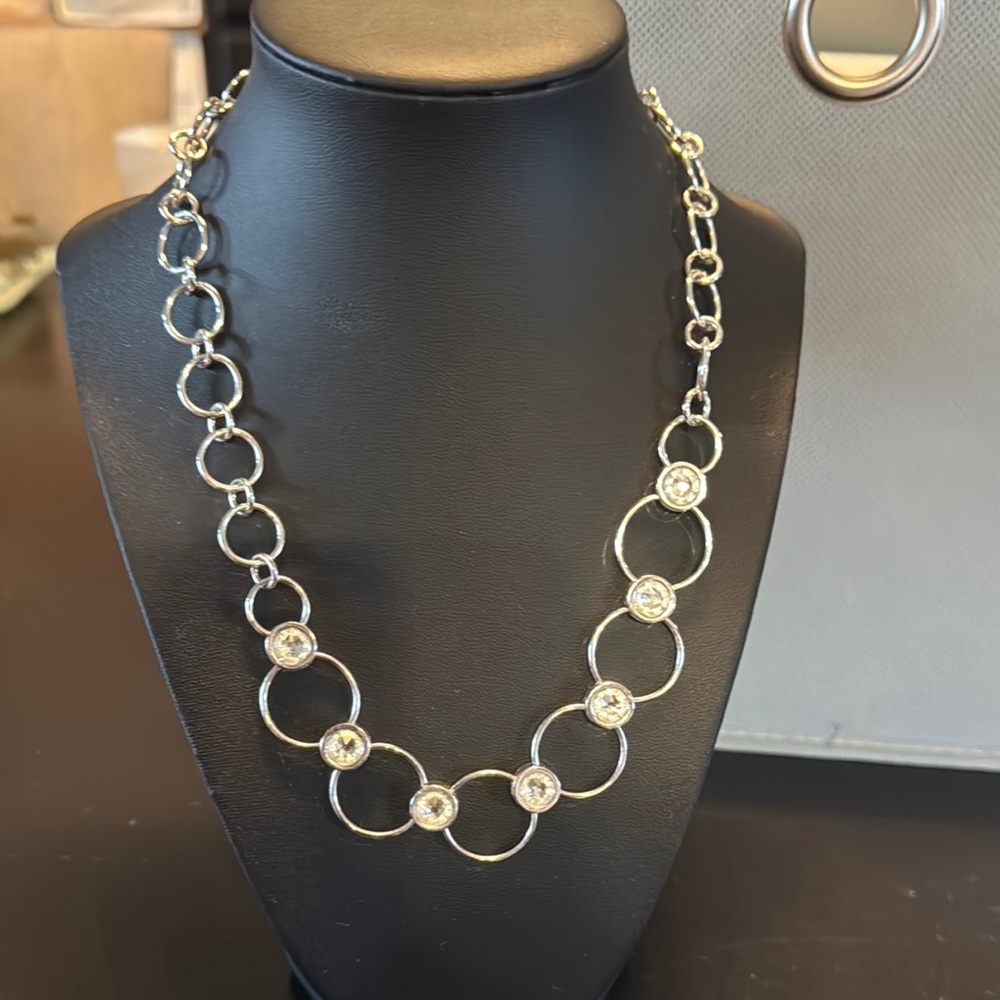 Touchstone Crystal Silver-Tone Linked Circle Necklace with Clear Stones